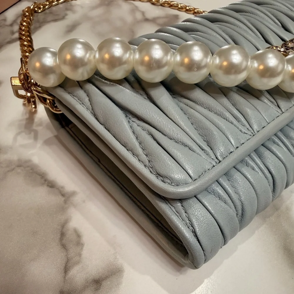 Miu Miu Matelasse Bifold Long Wallet Logo Leather Cielo Blue